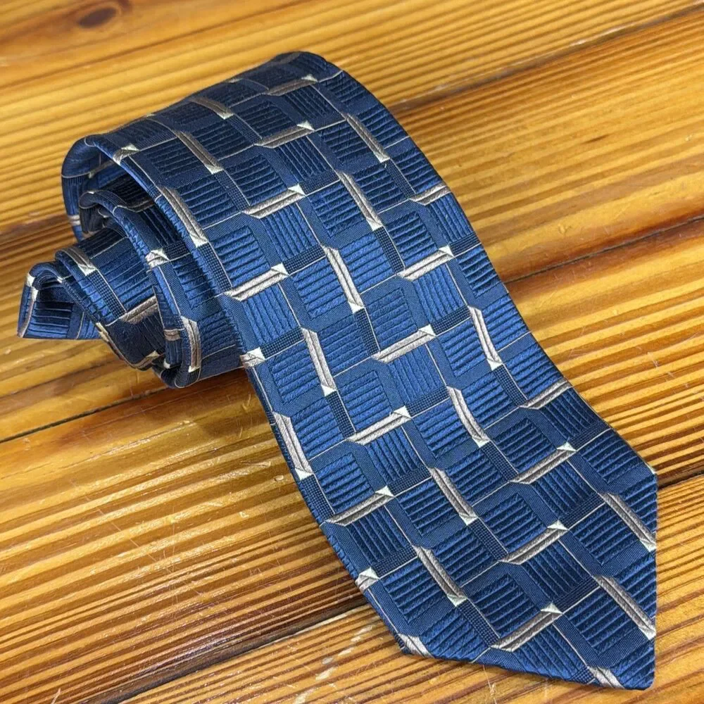 ERMENEGILDO ZEGNA ***** Silk Necktie ITALY Luxury Geometric Blue/Gold Check EUC